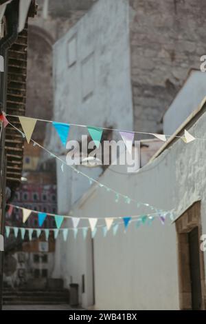 Vor einem Gebäude hängen bunte Flaggen mit einem tiefen, lebhaften Farbton Stockfoto