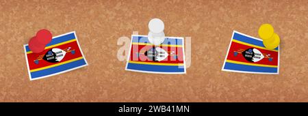 Swasiland-Flagge in Korkbrett geheftet, drei Versionen der Swasiland-Flagge. Vektor-Pins und Flaggensatz. Stock Vektor