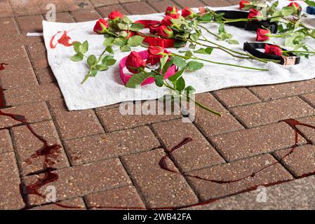 Protest in der High Street von Southend gegen das Verbot der Regierung für XL-Bullhunde mit einer „Gedenkstätte“ aus Hundehalsband, roten Rosen und gefälschtem Blut Stockfoto