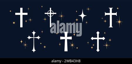 Sammlung christliches religiöses Kreuz. Symbol Religion Kreuz auf schwarzem Hintergrund, glänzende goldene Sterne. Heilige Ikone Gebetskreuz, religiöses Symbol, Sternen des christlichen Glaubens. Vektorabbildung Stock Vektor