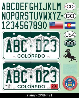Colorado State Car Kennzeichen grün, Buchstaben, Zahlen und Symbole, Vektorillustration, USA, Vereinigte Staaten von Amerika Stock Vektor