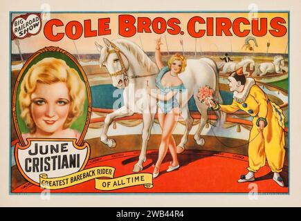 Der weltberühmte Bareback-Fahrer June Cristiani im Cole Brothers Circus (Cole Brothers, 1930er) Circus Poster Stockfoto