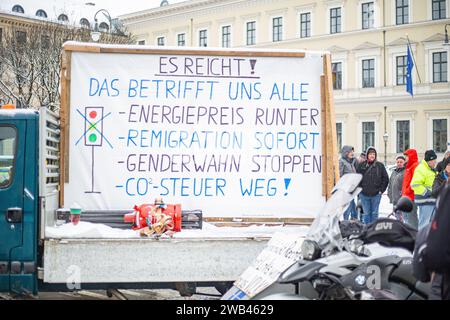 Schild: ' Es reicht! Das betrifft uns alle/Energiepreis runter/Remigration sofort/Genderwahn Stoppen/CO2-Steuer Weg! 8. Jannuar 2024 versammelten sich tausende Bauern, auf dem Odeonsplatz in München um gegen die Kürzungen und den Abbau der klimaschädlichen Subventionen der Ampel-Regierung in der Landwirtschaft zu protestieren. Große Teile von ihnen reisten mit dem Traktor an, diese wurden vom Odeonsplatz in der Ludwigsstraße und Leopoldstraße entlang geparkt. Für die ganze Woche sind Proteste in ganz Deutschland geplant. -- genug ist genug! Dies betrifft uns alle/Energiepreise d Stockfoto