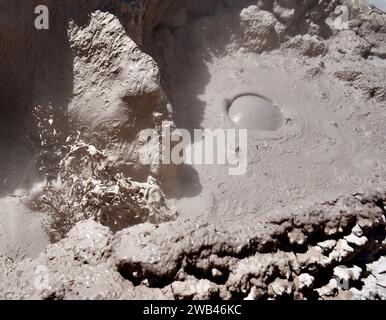 Ausbrechende und planschende heiße Quellen und Schlammbecken, Sol de Mañana, Bolivien. Stockfoto