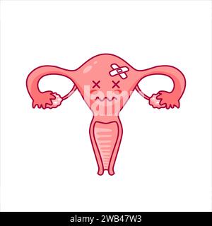 Uterus. Süße traurige Cartoon-Figur im Kawaii-Stil. Krankheit, Unfruchtbarkeit. Frauengesundheit. Weibliches Fortpflanzungssystem, Zyklus. Anatomie, Gebärmutterhals, Eierstöcke, f Stock Vektor