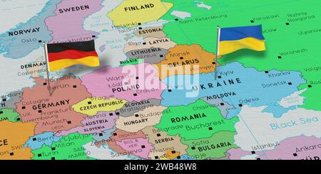 Deutschland und Ukraine – Markierungen auf politischer Karte anbringen – 3D-Illustration Stockfoto