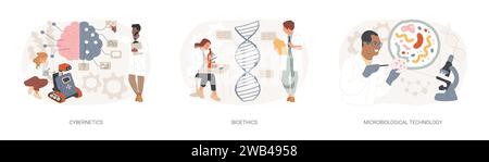 Biologische Wissenschaft isolierte Konzept Vektor-Illustration Set. Kybernetik und Bioethik, mikrobiologische Technologie, Roboterindustrie, medizinische Ethik und Biotech-Forschung, Laborvektorkonzept. Stock Vektor