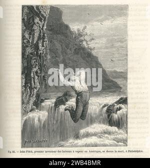 Selbstmord von John Fitch, dem Erfinder des ersten amerikanischen Dampfschiffes, indem er sich 1798 in einen Fluss in Philadelphia warf. Illustration aus „Les Merveilles de la Science ou description populaire des inventions modern“ von Louis Figuier geschrieben und 1867 bei Furne, Jouvet et Cie veröffentlicht. Stockfoto