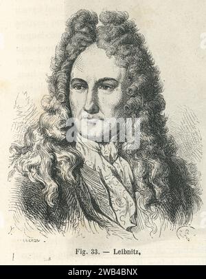 Porträt Gottfried Wilhelm Leibniz, deutscher Wissenschaftler und Polymath des 17. Jahrhunderts. Illustration aus „Les Merveilles de la Science ou description populaire des inventions modern“ von Louis Figuier geschrieben und 1867 bei Furne, Jouvet et Cie veröffentlicht. Stockfoto