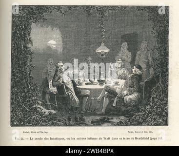 Zusammenkunft der Mitglieder der Lunar Society in Birmingham (England). Mitglieder des Clubs waren James Watt, Matthew Boulton und Joseph Black. Ende des 18. Bis Anfang des 19. Jahrhunderts Illustration aus „Les Merveilles de la Science ou description populaire des inventions modern“, geschrieben von Louis Figuier und veröffentlicht 1867 bei Furne, Jouvet et Cie. Stockfoto