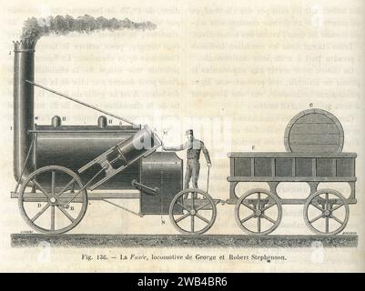 Die Rocket ist eine Dampflokomotive mit einem Mehrrohrkessel, die von den englischen Ingenieuren George und Robert Stephenson entwickelt wurde. Illustration aus „Les Merveilles de la Science ou description populaire des inventions modern“ von Louis Figuier geschrieben und 1867 bei Furne, Jouvet et Cie veröffentlicht. Stockfoto