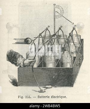 Gefäße in einem Holzkasten, der durch Metallstäbe verbunden ist und als Batterie verwendet wird (eine Art Leyden-Gefäß mit sehr großer Oberfläche). Illustration aus „Les Merveilles de la Science ou description populaire des inventions modern“ von Louis Figuier geschrieben und 1867 bei Furne, Jouvet et Cie veröffentlicht. Stockfoto