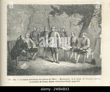 Wissenschaftliche Cenakel am Château de Clairac (oder Clayrac): Montesquieu, Baron Charles Louis de Secondat, sein Sohn Chevalier Francois de Labat, der Physiker Jacques de Romas und die Brüder Dutilh. 1752 Illustration aus „Les Merveilles de la Science ou description populaire des inventions modern“ von Louis Figuier geschrieben und 1867 bei Furne, Jouvet et Cie veröffentlicht. Stockfoto