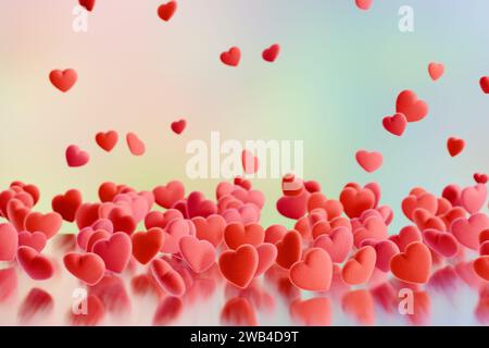 Valentinstag. Hintergrund von vielen flauschigen fliegenden roten Herzen. 3D-Rendering Stockfoto