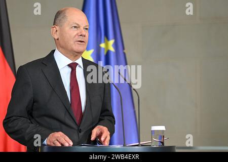 Berlin, Deutschland 08. Januar 2024: Begrüßung des Premierministers des Großherzogtums Luxemburg - 08.01.2024 im Bild: Bundeskanzler Olaf Scholz SPD *** Berlin, Deutschland 08 Januar 2024 Begrüßung des Ministerpräsidenten des Großherzogtums Luxemburg 08 01 2024 Bild: XFotostandx/xReuhlx Stockfoto