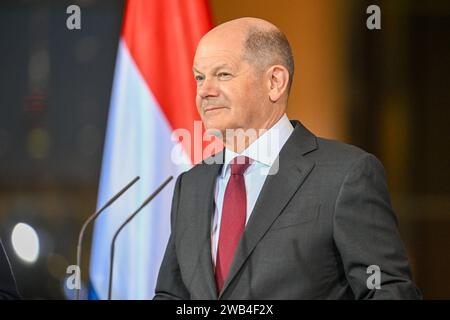 Berlin, Deutschland 08. Januar 2024: Begrüßung des Premierministers des Großherzogtums Luxemburg - 08.01.2024 im Bild: Bundeskanzler Olaf Scholz SPD *** Berlin, Deutschland 08 Januar 2024 Begrüßung des Ministerpräsidenten des Großherzogtums Luxemburg 08 01 2024 Bild: XFotostandx/xReuhlx Stockfoto