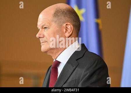 Berlin, Deutschland 08. Januar 2024: Begrüßung des Premierministers des Großherzogtums Luxemburg - 08.01.2024 im Bild: Bundeskanzler Olaf Scholz SPD *** Berlin, Deutschland 08 Januar 2024 Begrüßung des Ministerpräsidenten des Großherzogtums Luxemburg 08 01 2024 Bild: XFotostandx/xReuhlx Stockfoto