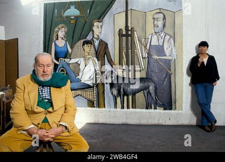 Bernard Buffet französischer Künstler expressionistischer Maler (1928–1999) Frankreich sein Atelier zu Hause Tourtour Provence France mit Frau Annabel Schwob. Das Ölgemälde ist von seiner Familie mit Annabel sitzend. 1994 1990er Jahre Frankreich Europa HOMER SYKES Stockfoto