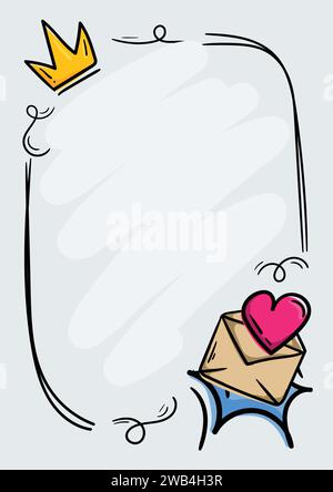Helle Doodle-Illustration, handgezeichnet, Rahmen mit Krone, Umschlag und Herz für Grußkarte mit Platz für Text Stock Vektor