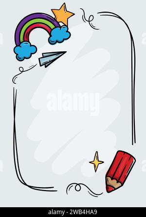 Helle Kritzelillustration, handgezeichnet, Rahmen mit Bleistift, Regenbogen, Stern und Papierflugzeug für Karte mit Platz für Text Stock Vektor