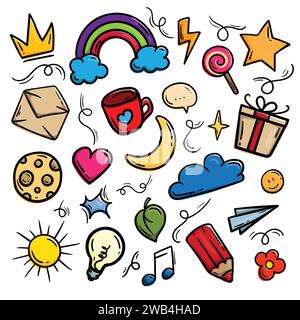 Vektor-Satz von hellen netten Doodle Elements Hand zeichnen: regenbogen, Herz, Krone, Wolken, Tasse, Geschenke, Bleistift und Glühbirne Stock Vektor
