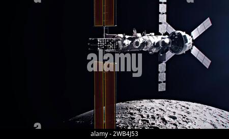 Die Gateway-Raumstation wird die erste Weltraumstation der Menschheit um den Mond sein, als wichtiger Bestandteil der Artemis-Missionen, um Menschen in die zurückzubringen Stockfoto