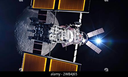 Die Gateway-Raumstation wird die erste Weltraumstation der Menschheit um den Mond sein, als wichtiger Bestandteil der Artemis-Missionen, um Menschen in die zurückzubringen Stockfoto