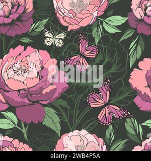 Blumenmuster. Pfingstrosen nahtloses Muster mit Schmetterlingen. Dunkler Hintergrund. 90er-Jahre-STYLE. Handzeichnung. Nicht AI, Vektorillustration Stock Vektor