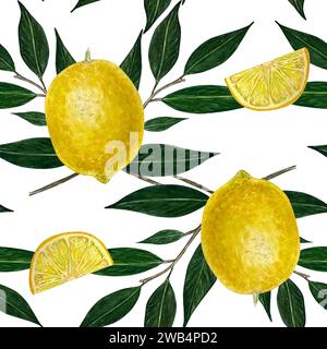 Nahtloses Aquarellmuster mit frischer Zitrone mit hellgrünen Blättern und Blumen. Handgezeichnetes Gemälde auf weißem Hintergrund. Für Designer, Postkarten Stockfoto
