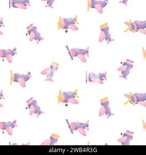 Niedliches nahtloses Kindermuster mit violetten Flugzeugen. Kreative Textur für Kinder für Stoffe, Verpackungen, Textilien, Tapeten, Bekleidung. Vektorabbildung Stock Vektor