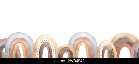 Aquarellfarben karisches Boho-Muster mit Regenbögen in hellen Beigen. Handgezeichnet isoliert auf weißem Hintergrund. Für Kindergarten-Kind-Wallpa Stockfoto