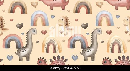 Süße Dinosaurier, Heißluftballons, Wolken, Regenbogen. Nahtloses Aquarellmuster, Boho-Stil. Handgezeichnet. Textil, Stoff, Tapete, Design beige. Stockfoto