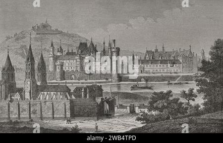 Frankreich. Paris. Blick auf Saint-Germain-des-Prés und Pré aux Clercs unter der Herrschaft von Karl V. Abtei von Saint-Germain-des-Prés (im Vordergrund), Louvre (Mitte), Petit-Bourbon (rechts), seine und Montmartre (oben auf dem Hügel). Faksimile eines Stiches aus dem Jahr 1724 in Dom Jacques Bouillarts „Histoire de l'Abbaye Royale de Saint Germain des Prez“. Sciences & Lettres au Moyen Age et à l'époque de la Renaissance. Paris, 1877. Stockfoto