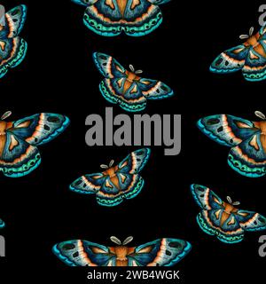 Aquarell nahtloses Muster blaue grüne Motte isoliert auf schwarzem Hintergrund. Handgemalte Illustration imperialer NachtSchmetterling. Insekten für die Konstruktion von Stockfoto