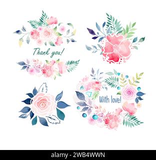 Aquarell Blumen Objekte Postkarten Set. Handzeichnung. Nicht AI, Vektorillustration Stock Vektor