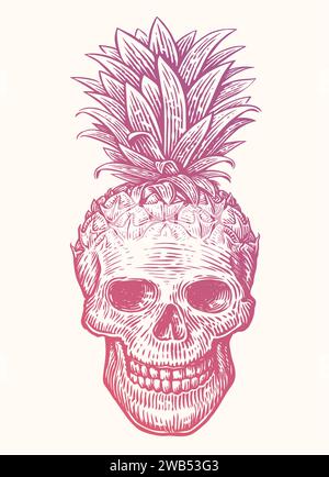 Menschlicher Schädel Ananas, Vektorillustration. Kreativer, cooler lustiger Druck für T-Shirt-Design, Poster, Banner und Tattoo Stock Vektor