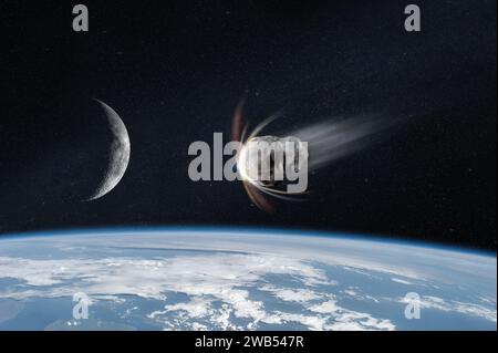 Asteroid im Weltraum in der Nähe des Planeten Erde. Meteorit auf der Erdumlaufbahn. Elemente dieses Bildes, bereitgestellt von der NASA. Stockfoto