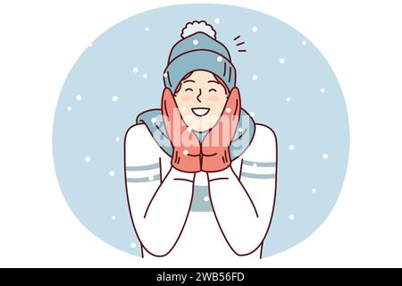 Glücklicher Mann in Pullover und lächelnde Fäustlinge Genießen Sie kaltes Wetter und freuen Sie sich auf die feiertage im dezember. Ein positiver junger Mann mit Wintermütze und Schal steht draußen zwischen herabfallenden Schneeflocken. Flaches Vektordesign Stock Vektor