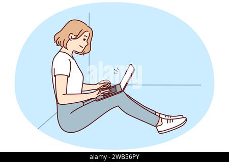 Positive Freiberuflerin sitzt auf dem Boden neben der Wand mit Laptop auf dem Schoß. Mädchen arbeitet in einer komfortablen Umgebung und führt Anweisungen von Managern über das Internet aus. Abbildung eines flachen Vektors Stock Vektor