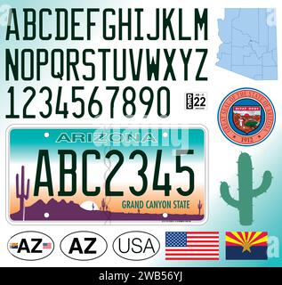 Arizona State Car Nummernschildmuster, Buchstaben, Zahlen und Symbole, Vektorillustration, USA, UN-Staaten von Amerika Stock Vektor