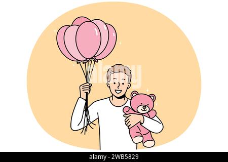 Lächelnder junger Mann mit Luftballons und Teddybär in den Händen, der eine liebevolle Freundin überrascht. Ein glücklicher Kerl macht ein Geschenk oder Geschenk an den Liebhaber zum Geburtstag oder Jahrestag. Vektordarstellung. Stock Vektor