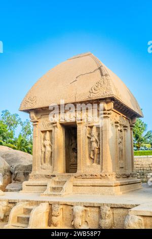 Pancha Five Rathas antike Anlage, Mahabalipuram, Tondaimandalam Region, Tamil Nadu, Südindien Stockfoto