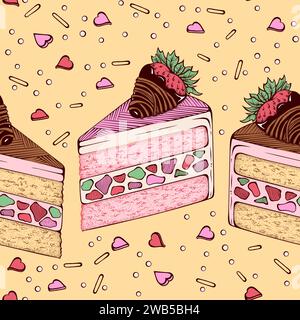 Süße handgezeichnete Kuchen Stücke Süßes Desserts mit Sprinkles. Vektor-Desserts Nahtloses Muster Stock Vektor