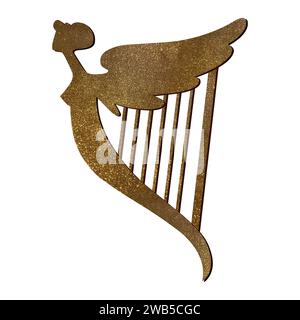 Goldene keltische Harfe mit weiblicher Silhouette. Symbol von Irland. St. Patrick's Day. Isolierte Aquarellillustration im Vintage-Stil Stockfoto