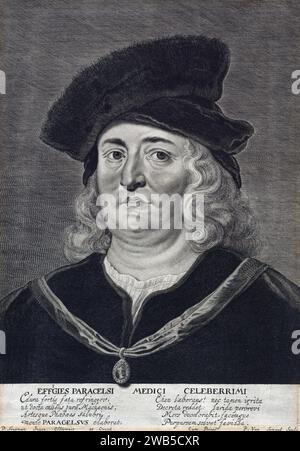 Paracelsus (1493–1541), geborener Theophrastus von Hohenheim, Schweizer Arzt, Alchemist, Laientheologe und Philosoph. Stich von Pieter Van Sompel Stockfoto