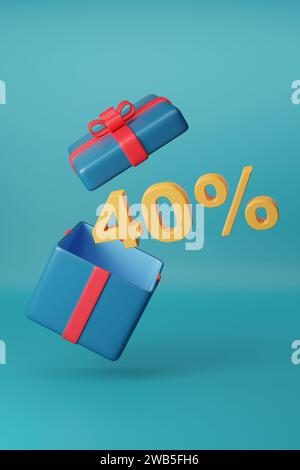 40 % Volltext aus einer Geschenkbox auf blauem Hintergrund. 3D-Abbildung. Stockfoto