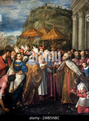 (Venedig) Il Papa giunge su navi veneziane ad Ancona, accompagnato dal Barbarossa e dal doge, e dona a questo un'ombrella d'oro, alto simbolo d'Autorità - Gerolamo Gambarato 1582. Stockfoto