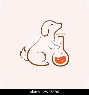 Ein minimalistisches Logo mit einem fröhlichen und lächelnden Hund, der mit seinen Pfoten einen Rundkolben hält, der normalerweise in Laboren verwendet wird. Stock Vektor