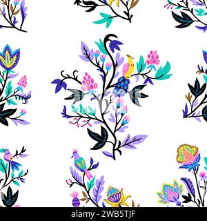 Ornamentales Blumenmuster mit stilisierten, verzierten Blumenelementen und Fantasy-Vögeln. Vektorabbildung Stock Vektor