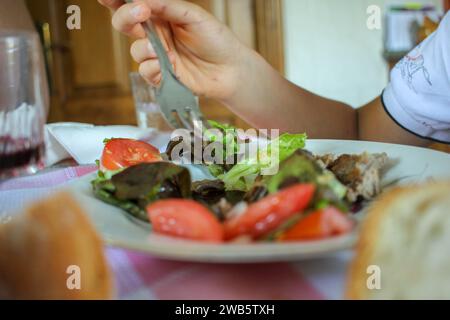 Kind genießt einen köstlichen und gesunden Salat zu Hause Stockfoto